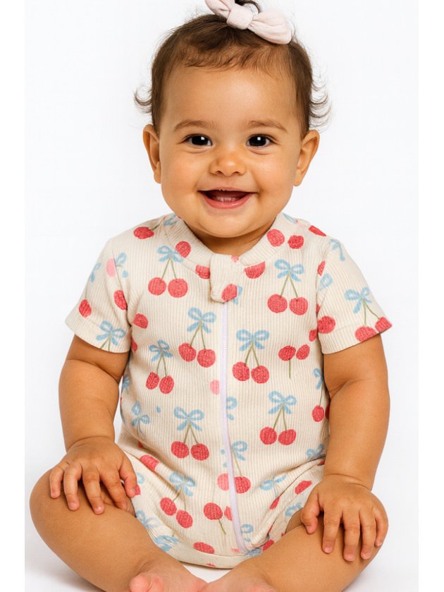 Macacão Bebê Curto CANELADO LIGHT Cerejas